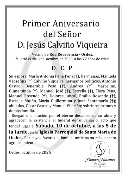 Vista previa del aniversario de Primer Aniversario de Jesús Calviño Viqueira