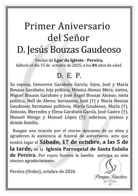Vista previa del aniversario de Primer Aniversario de Jesús Bouzas Gaudeoso