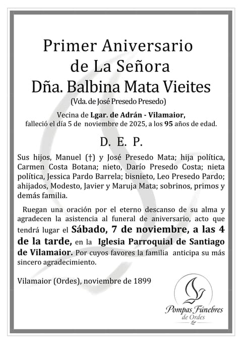 Vista previa del aniversario de Primer Aniversario de Balbina Mata Vieites