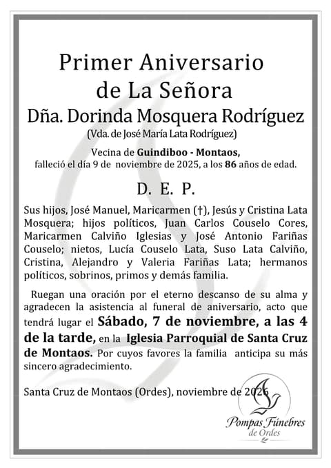Vista previa del aniversario de Primer Aniversario de Dorinda Mosquera Rodríguez